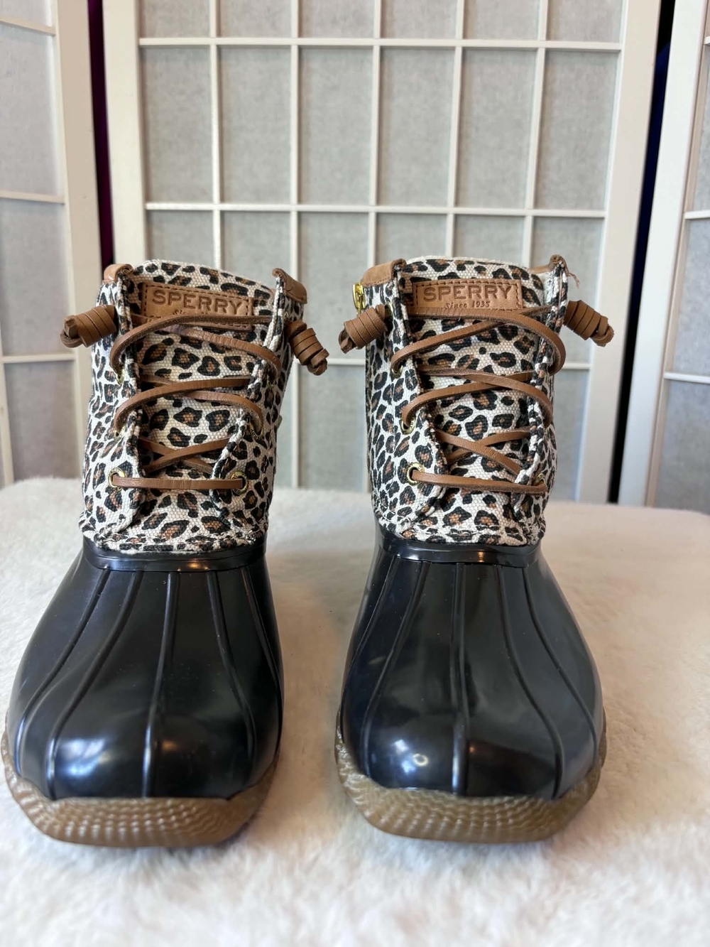 Sperry Leopard-Print Rubber Duck Boots in Black & Brown